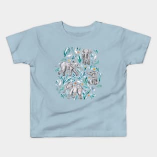 Baby Elephants and Egrets in Watercolor - egg shell blue Kids T-Shirt